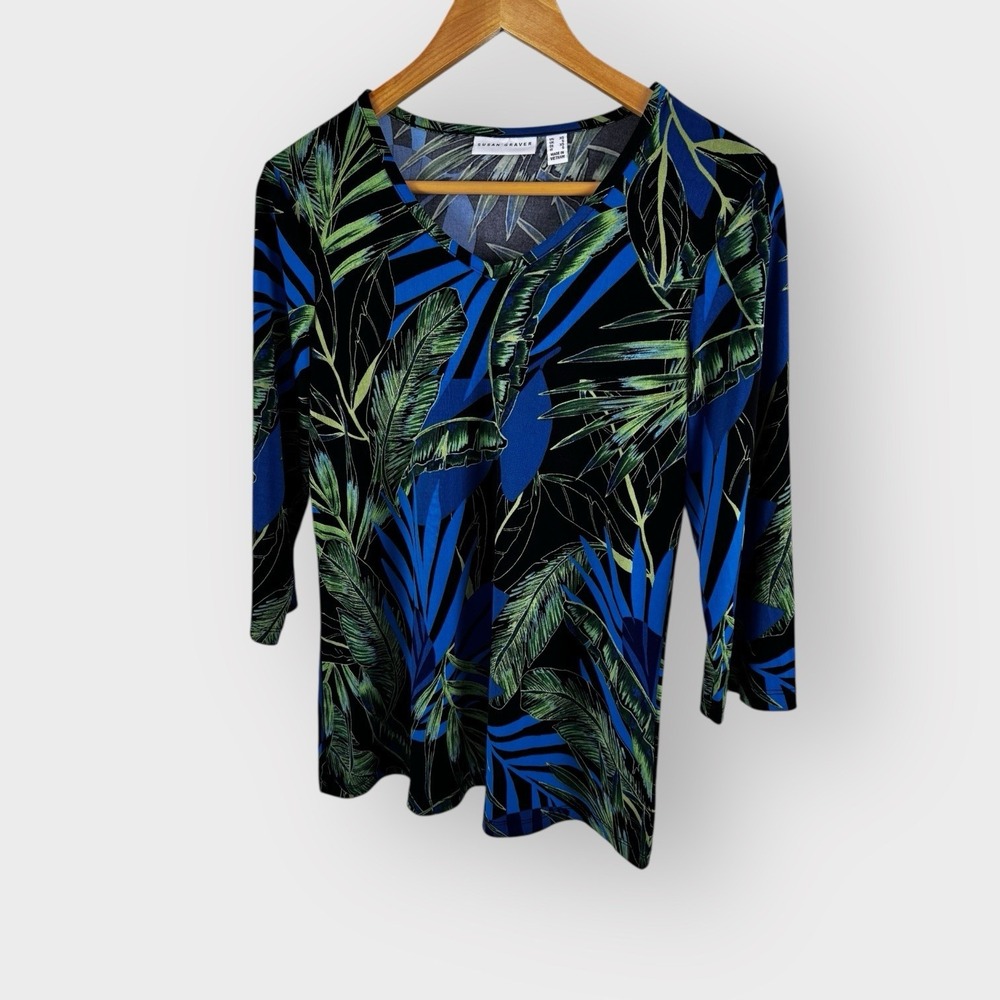 Susan Graver Liquid Knit Popover Top Vibrant Tropical Palm 3/4 Sleeves Size XS - Picture 3 of 12